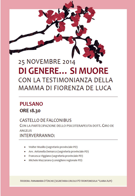 PULSANO. 25 novembre. Convegno su “Di genere … si muore” presso il Castello De Falconibus