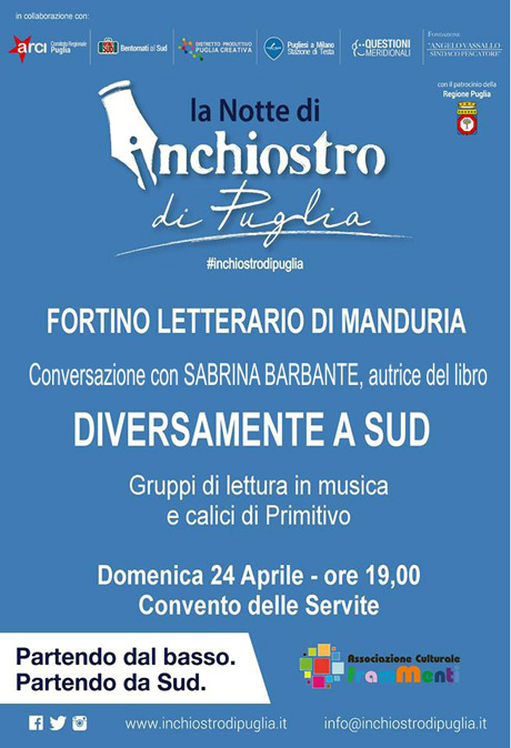 MANDURIA. Domenica  24 aprile: Sabrina Barbante converserà con Loredana Ingrosso, presentando il suo libro “Diversamente a Sud”