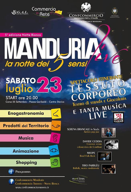 MANDURIA. Sabato 23 Luglio. LA NOTTE DEI 5 SENSI