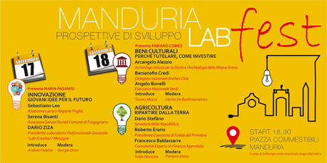 MANDURIA LAB FEST: sabato 17 e domenica 18 in Piazza Commestibili per parlare di innovazione, beni culturali e agricoltura