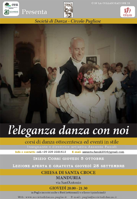 MANDURIA. “L’eleganza danza con noi”, primo incontro aperto e gratuito di danze ottocentesche e scozzesi