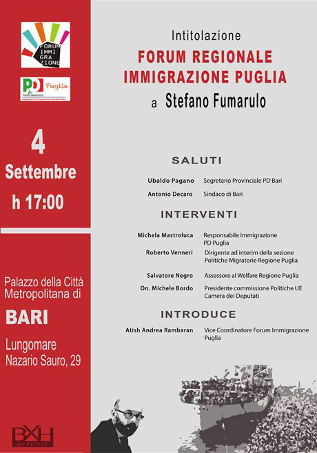 BARI. 4 settembre. Intitolazione del Forum Immigrazione Puglia a Stefano Fumarulo