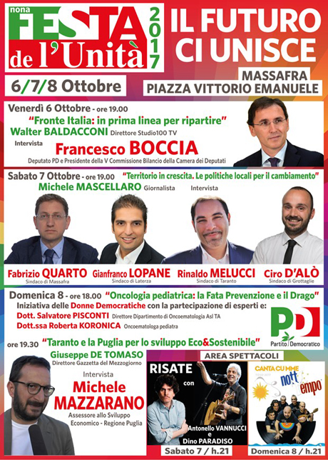 MASSAFRA. Dal 6 all’8 ottobre in Piazza Vittorio Emanuele è Festa de L’Unità