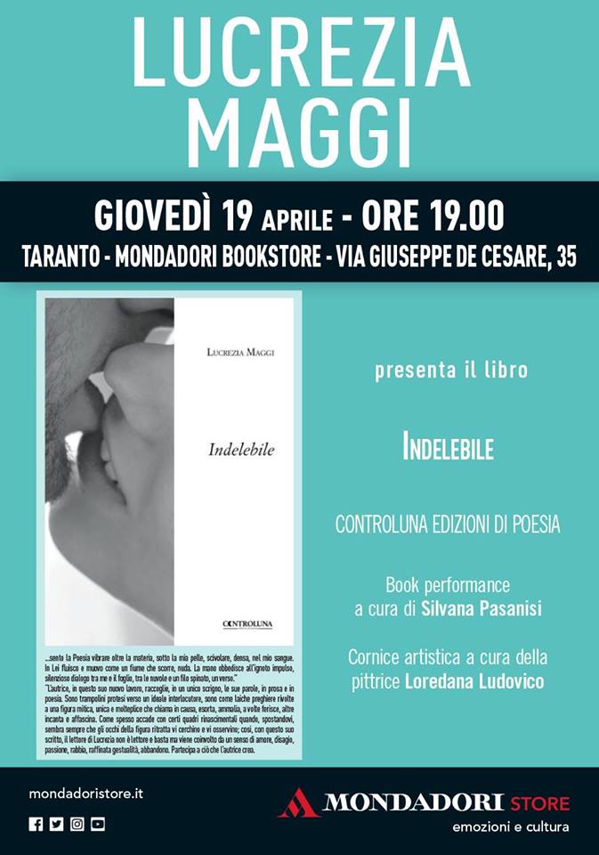 TARANTO. Libreria Mondadori. Lucrezia Maggi presenta il suo ultimo libro dal titolo “Indelebile” edito da Controluna