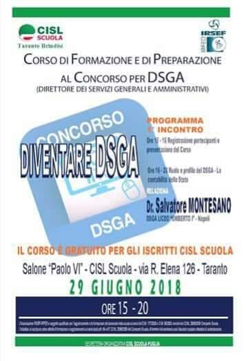 Taranto. “CORSO DI PREPARAZIONE AL CONCORSO DSGA DIRETTORE DEI SERVIZI GENERALI E AMMINISTRATIVI”