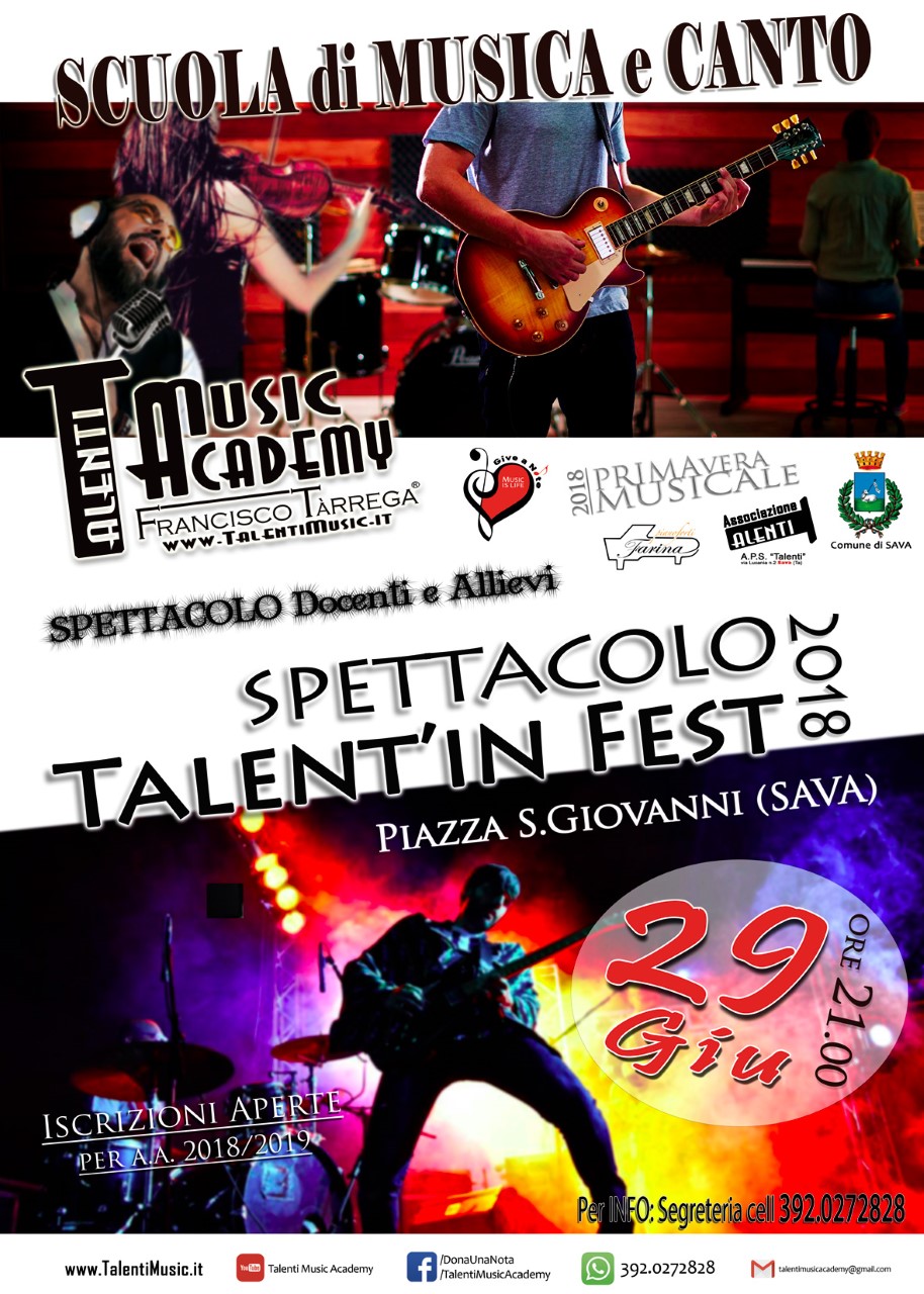 SAVA. “TALENT’in FEST 2018” giunta al 5° anno, si terrà il 29 giugno in Piazza San Giovanni