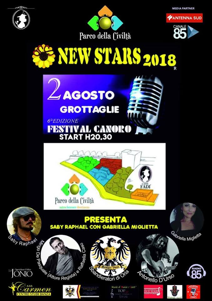 GROTTAGLIE. Il Parco della Civiltà ospita “NEW STARS 2018” , l’evento canoro estivo targato Saby Raphael