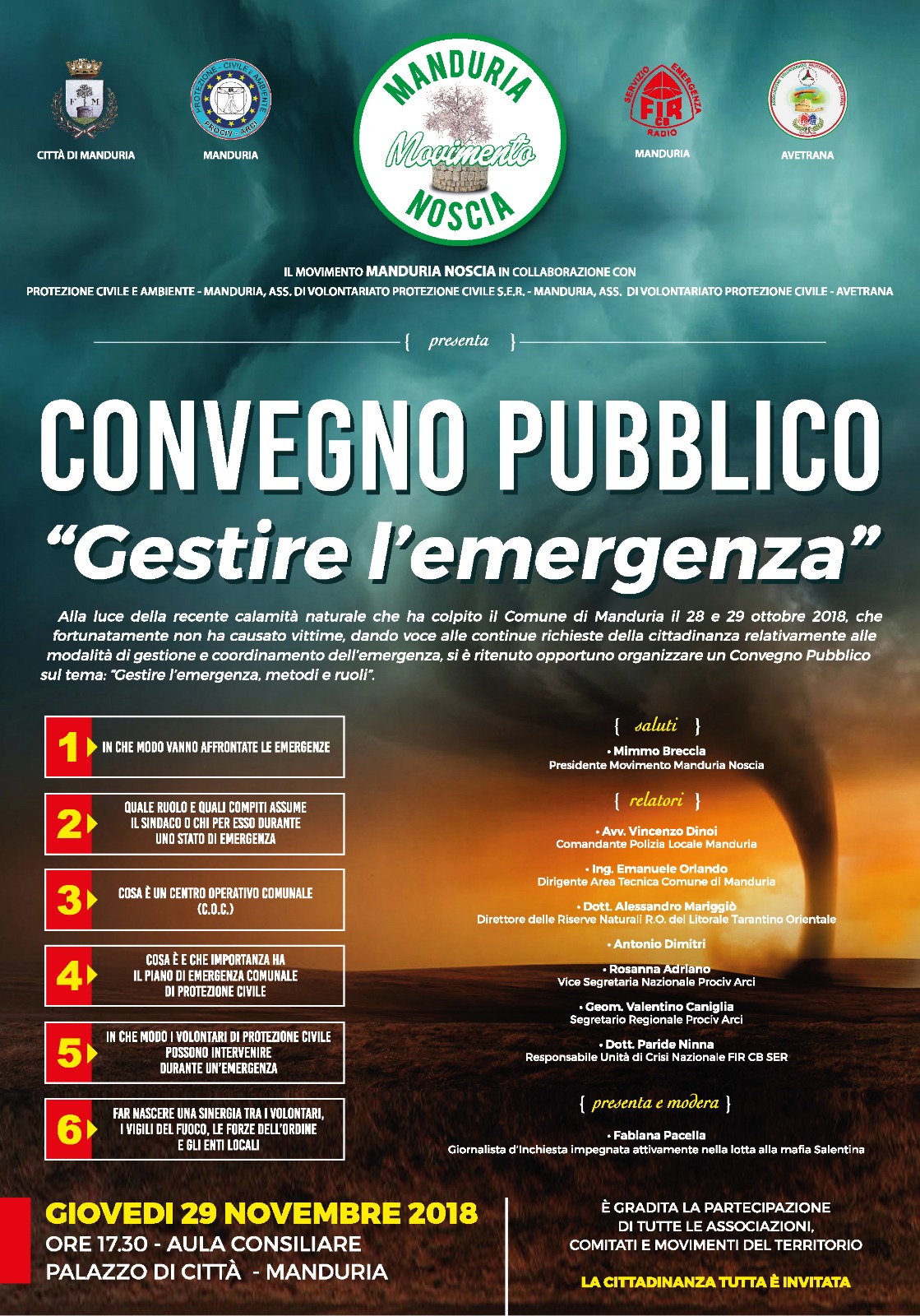 MANDURIA. Giovedì 29 novembre. Convegno pubblico su “Come gestire l’emergenza