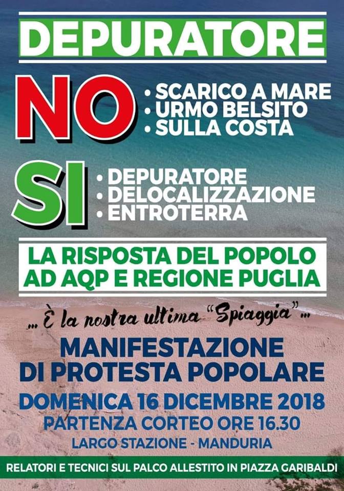 TORRICELLA. Nasce il GRUPPO SPONTANEO TORRE OVO-Torricella, il quale aderirà alla manifestazione contro lo scarico amare del 16 dicembre a Manduria