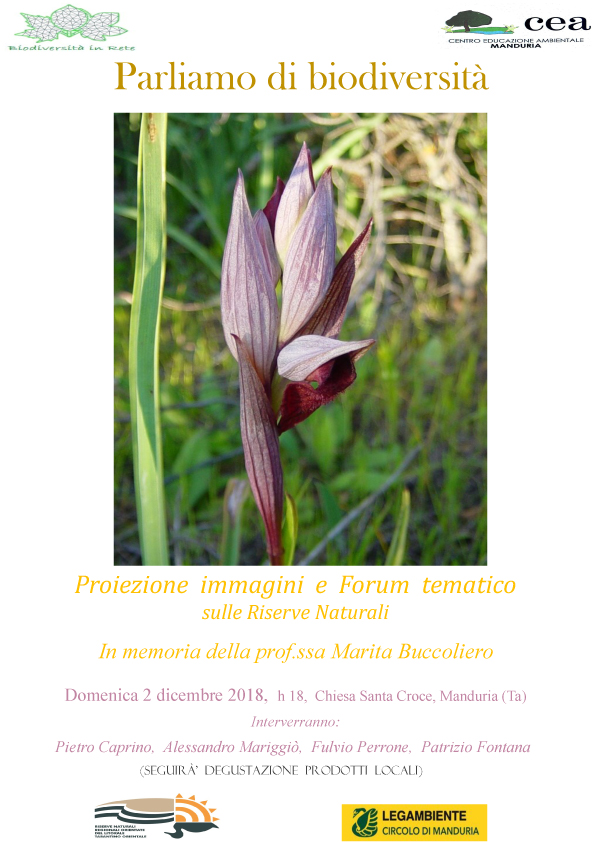 MANDURIA. “Parliamo di biodiversità”.  Proiezione immagini e Forum tematico sulle Riserve Naturali In memoria della prof.ssa Marita Buccoliero