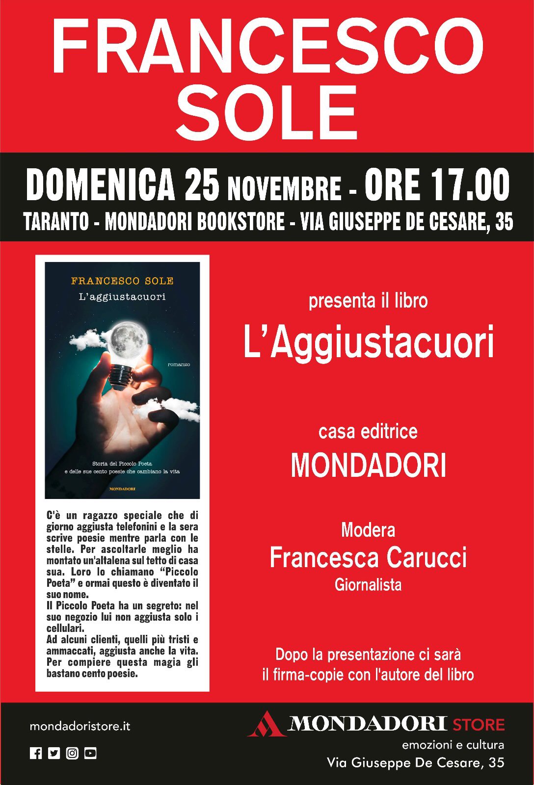 TARANTO. Libreria Mondadori. Francesco Sole, presenta “L’aggiustacuori”