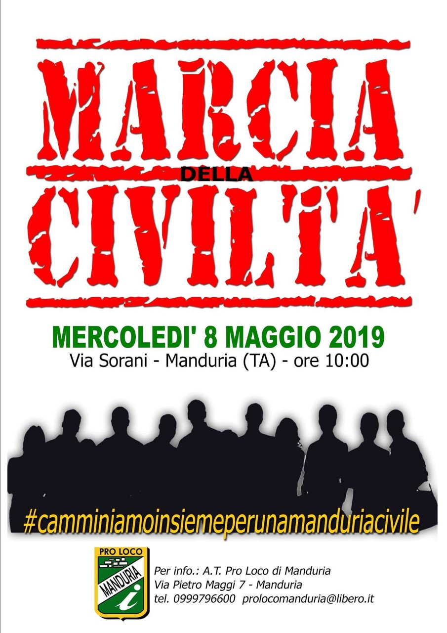 Manduria. MANIFESTAZIONE CIVICA DI CIVILTA’ – SABATO 8 MAGGIO 2019