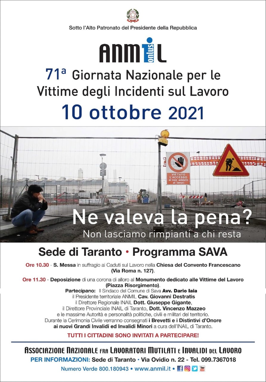 Sava. DOMENICA 10 OTTOBRE SI CELEBRA LA 71ª GIORNATA ANMIL PER LE VITTIME DEGLI INCIDENTI SUL LAVORO