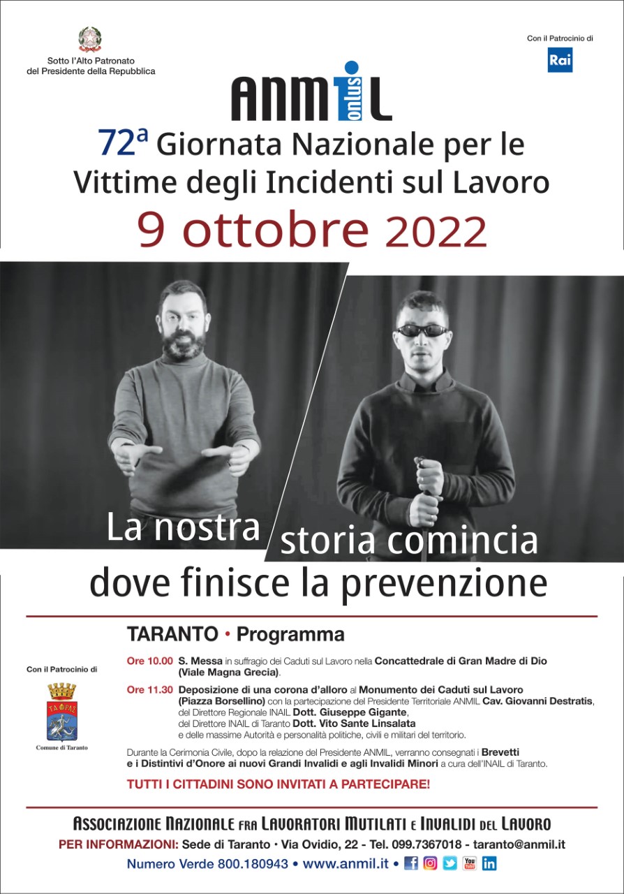 ANCHE A TARANTO LA 72ª GIORNATA ANMIL PER LE VITTIME DEGLI INCIDENTI SUL LAVORO