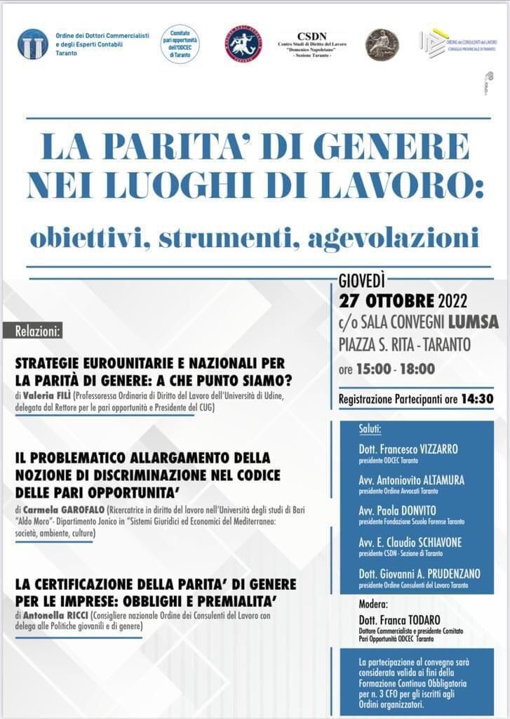 LA PARITÀ DI GENERE NEI LUOGHI DI LAVORO, PRIMO EVENTO DEL COMITATO PARI OPPORTUNITÀ DELL’ORDINE DEI DOTTORI COMMERCIALISTI ED ESPERTI CONTABILI DI TARANTO