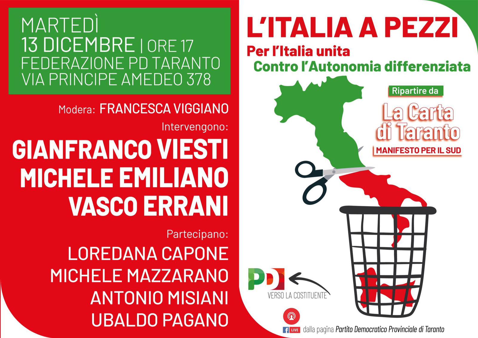 TARANTO. Partito Democratico. Incontro sul tema “Per l’Italia Unita. Contro l’Autonomia Differenziata”