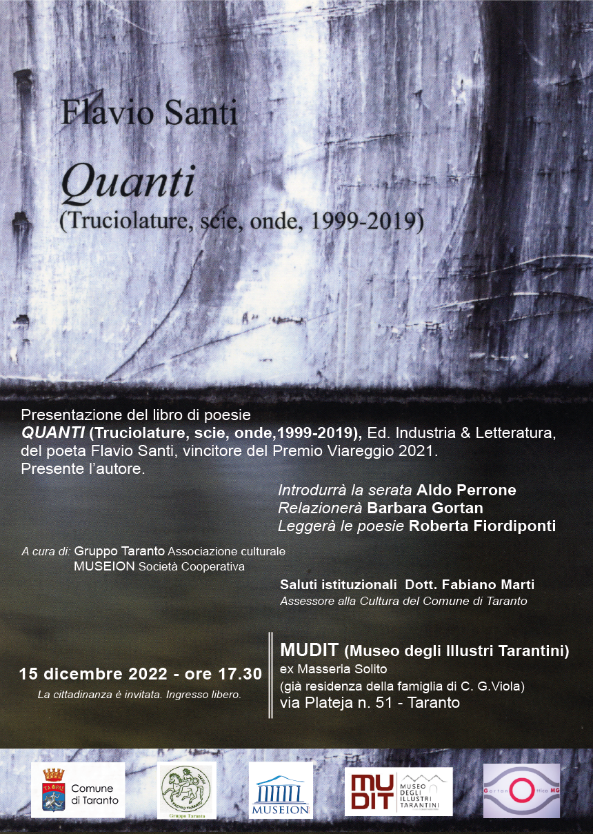 TARANTO. Presentazione di “QUANTI – Truciolature, scie, onde– 1999/2019”, vincitore del Premio Viareggio 2021, del poeta Flavio Santi