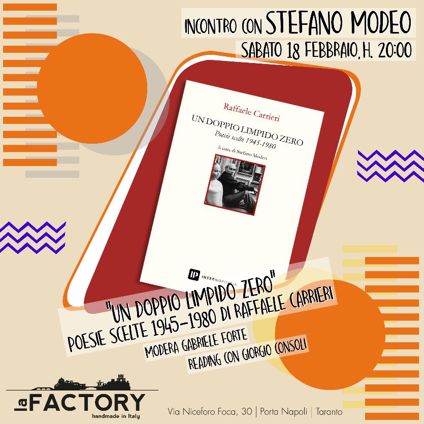 TARANTO. Sabato 18 febbraio. STEFANO MODEO in anteprima presenterà il suo ultimo lavoro curato personalmente per Interno Poesia Editore : ʻʻUn doppio limpido zero. Poesie scelte 1945 – 1980”